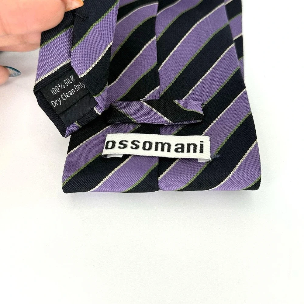 VTG Ossomani Purple Black‎ Striped Silk Necktie Handmade Extra Long 67